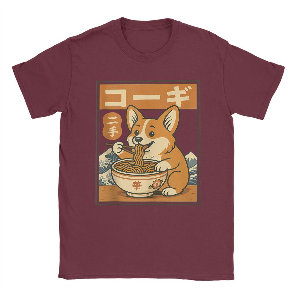 Corgi Eating Ramen T Shirts for Men Cotton Leisure TShirts Round Neck Tees Short Sleeve Tops Plus Size