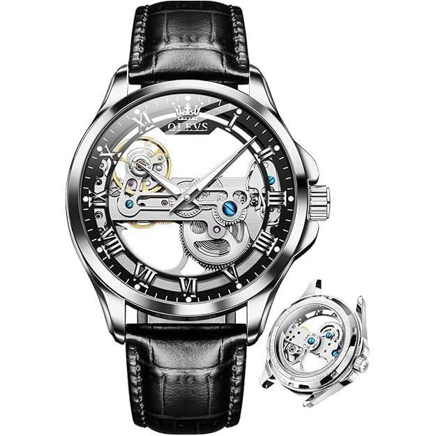 OLEVS Men s Mechanical Automatic Manual Winding Transparent Clear Skeleton Leather Strap Fashionable Men s Watch Leather Luminous Waterproof watch