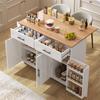 129X46(71)x91.5 Cm Dining Cart/sideboard, Worktop with Solid Wood Grain + White Cabinet/foldable/storage Door Design/wheels/solid Wood Feet Switchable