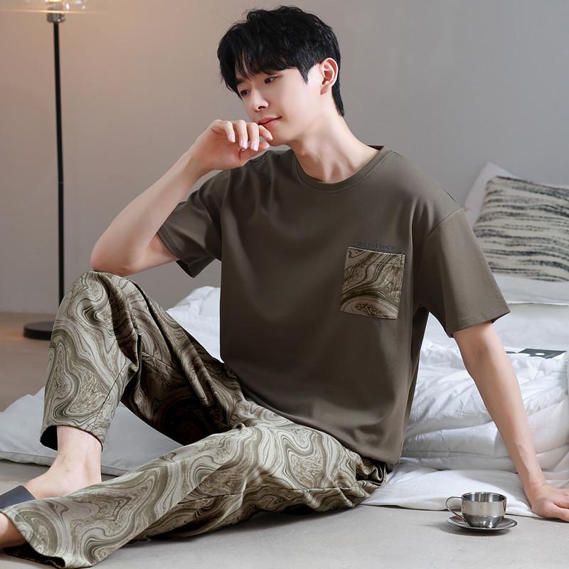 Blue Color Men's Cotton Pajamas Set for Summer Short Sleeves Sleeping Top Long Pant Nightwear Young Boy Home Clothes