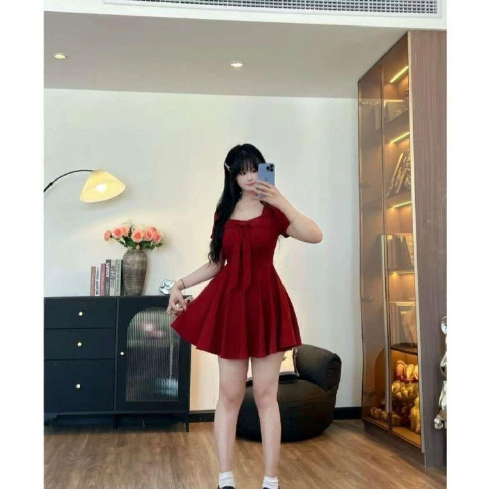 

[Fuyu Cherry] Fat MM shows thinness and waist women s summer new high-end French bow red dress 4XL бордовий