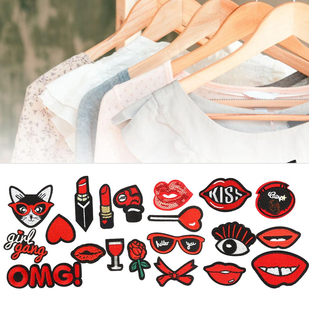 20 peças Patch Padrão Lábios Decorativo Batom Adesivo para Roupa Bordado Adesivo Patch Termocolante