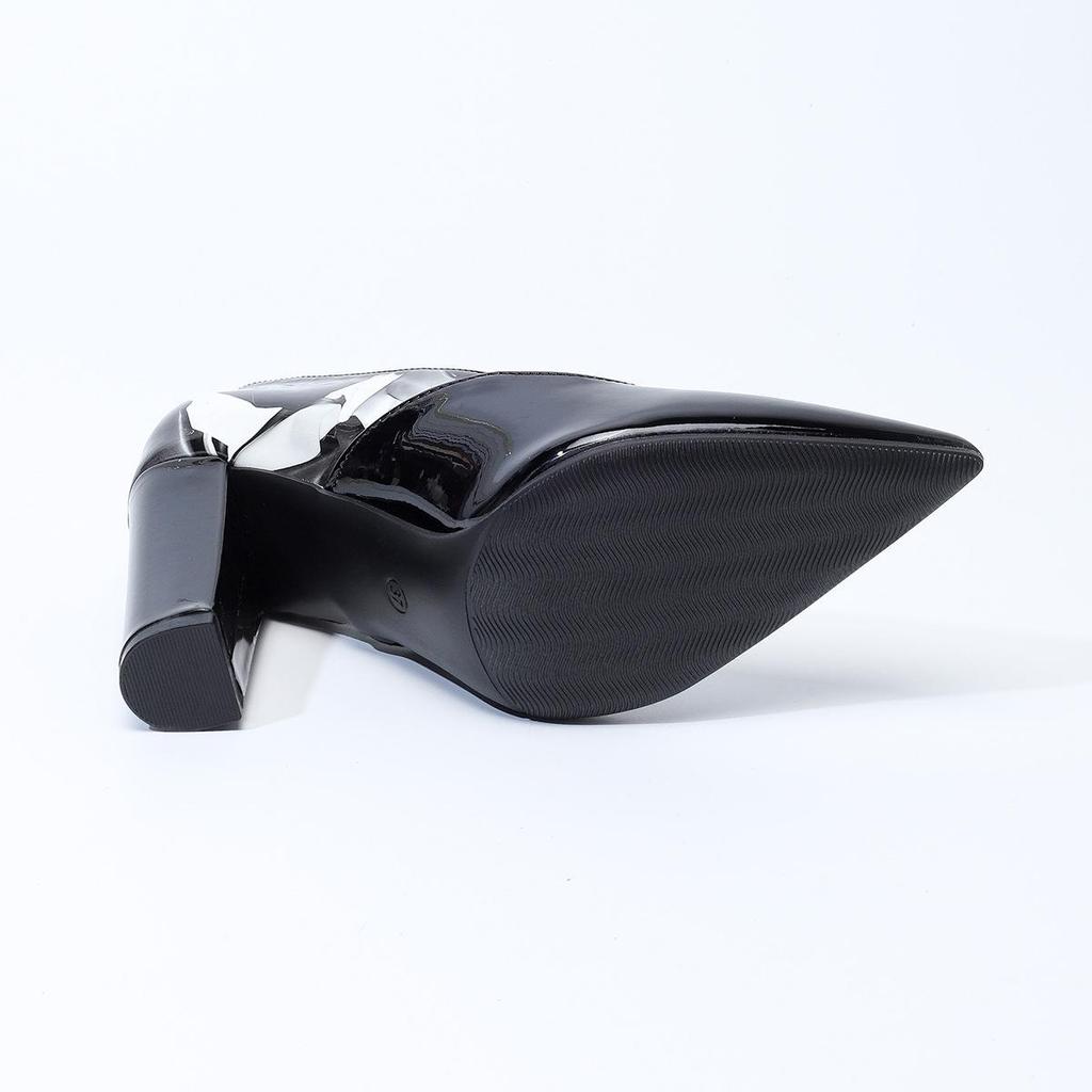 Women's Plus Size European Patent Leather High Heels - Printed, Pointed Toe, Chunky Heel, Shallow Mouth (Size 43)