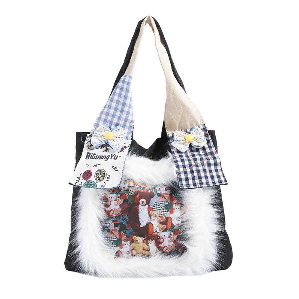 

Сумка с узором медведя, винтажная клетчатая, в японском стиле, холщовая сумка-тоут, Харадзюку Y2k, на плечо, для путешествий чёрный
