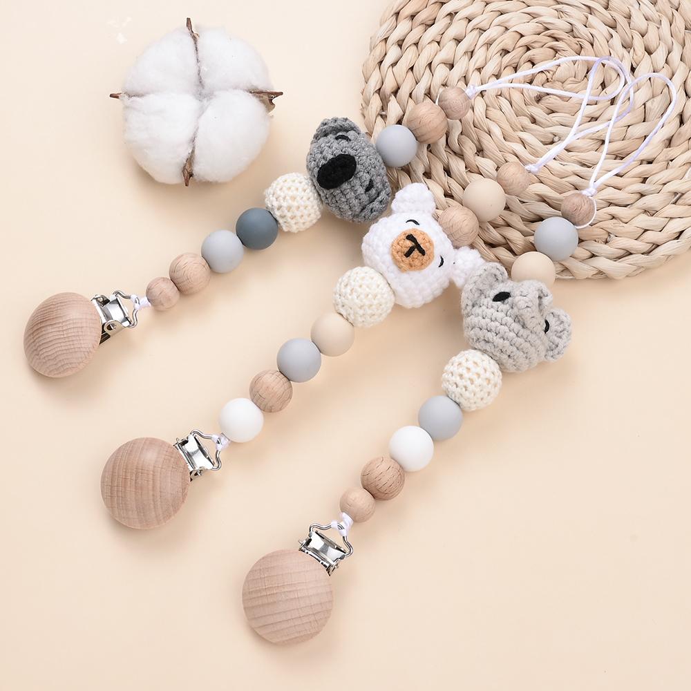 Baby Anti Drip Silicone Bead Chain Care Handmade Wood Teether Nipple Chain Teether Chain Clip Teething Chew Toys
