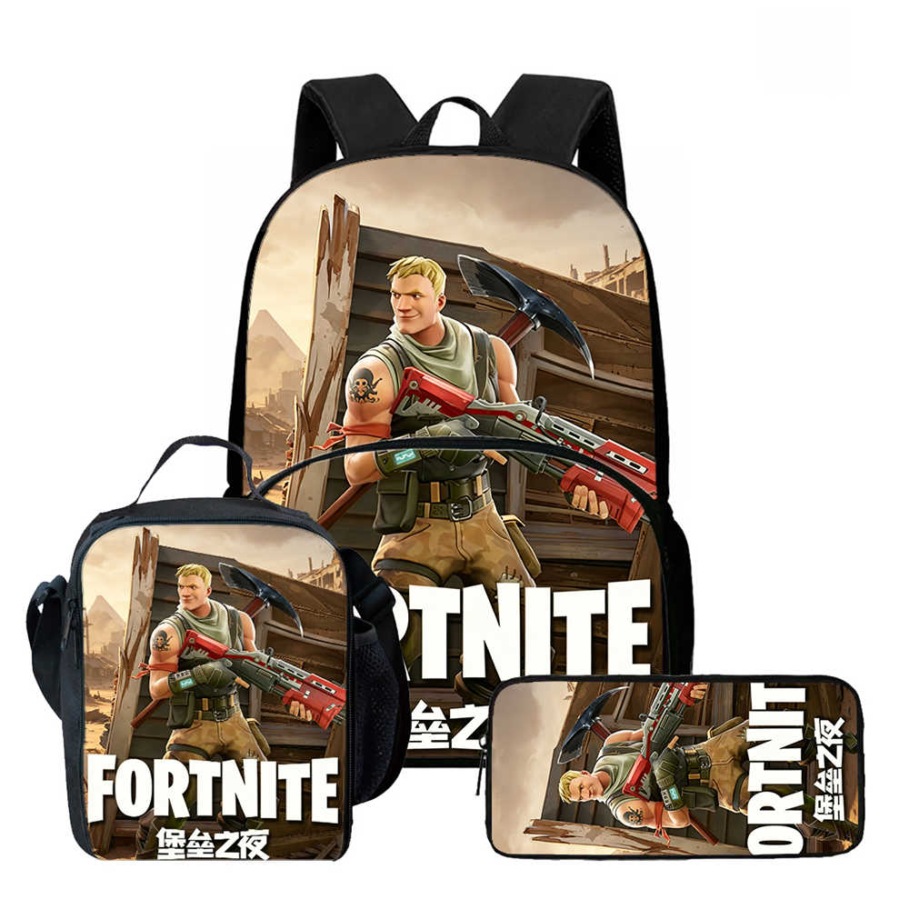 3Pcs Set School Backpack With Front Pocket & Lunch Bag & Pencil Bag,Fortnite Cartoon For Age 6-10,Lightweight For Boys & Girls