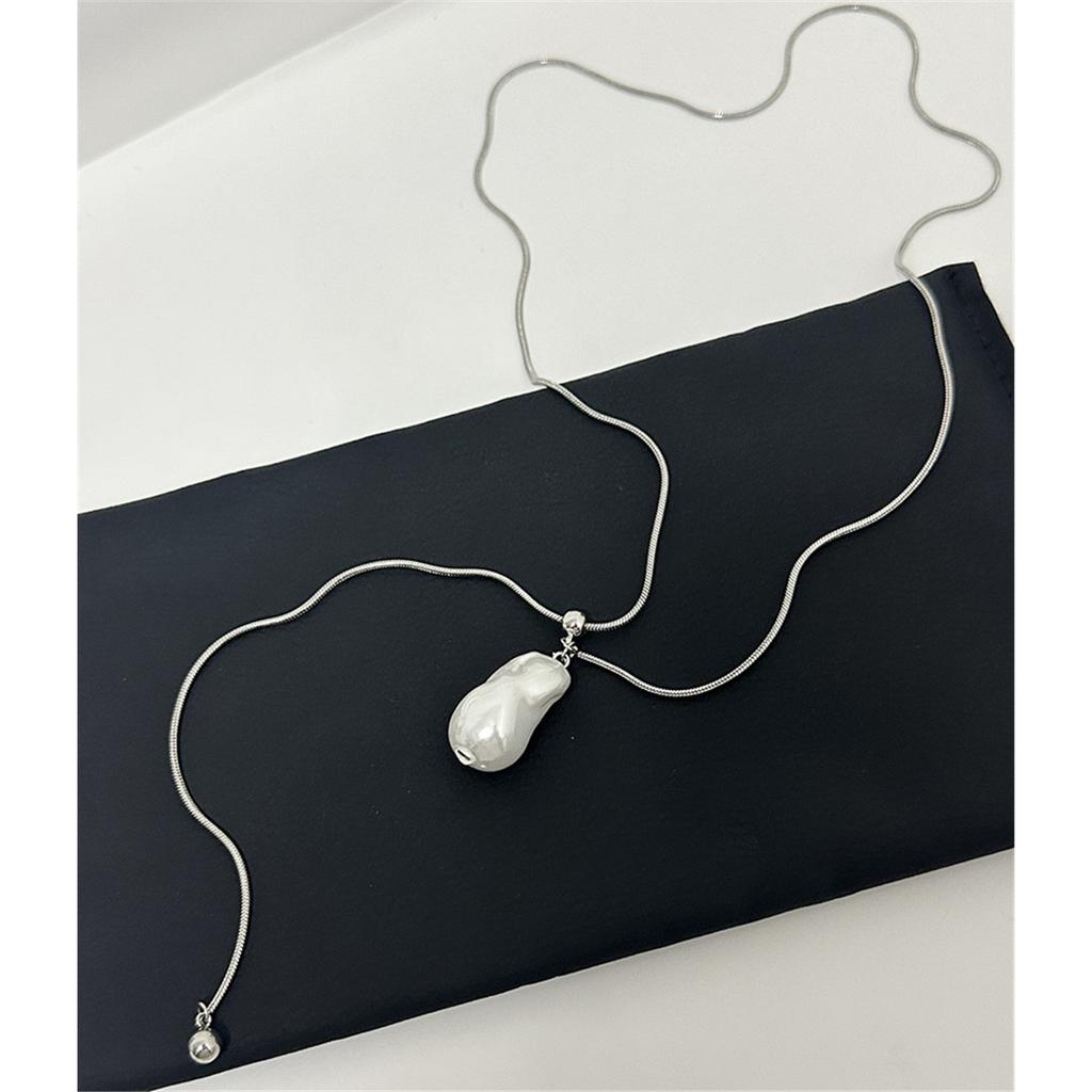Tooxika Simple Luxury Baroque Faux Pearl Pendant Necklace Drawstring Snakebone Chain Long Sweater Chain