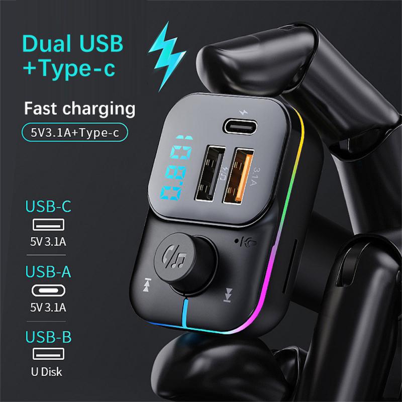 Car Bluetooth FM Transmitter 15W Multifunctional Fast Charging USB Auto Charger  Hands-free MP3 Player with Colorful Light