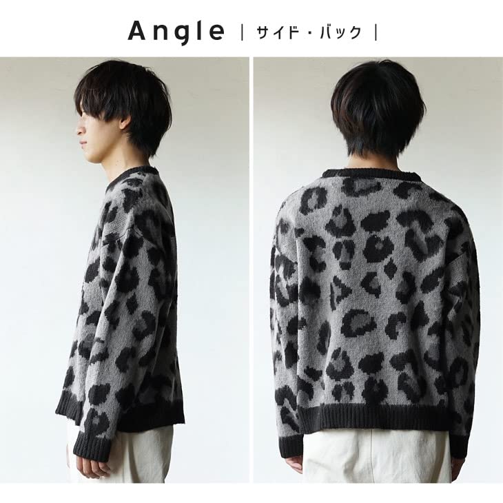 Samdiff Leopard Print Crew Knit Loose Animal Oversized Crew Size Men's Sweater, All-Over Print, Oversized, Fit, Print, Fluffy, Silhouette, Neck, L,