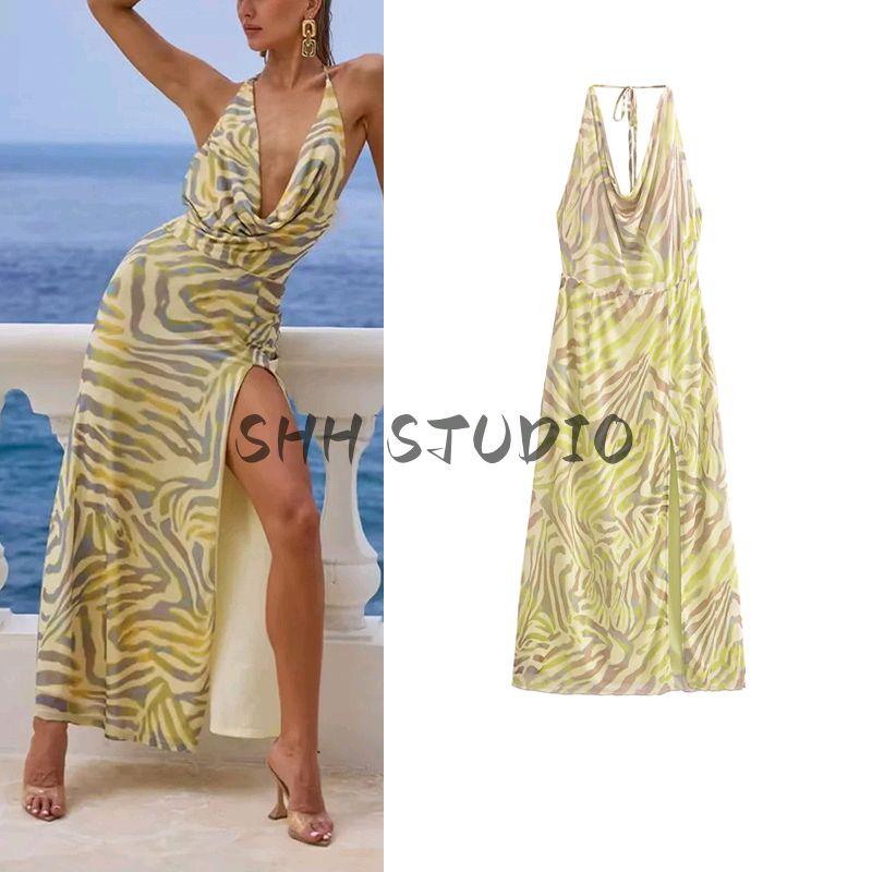 Spring Women Clothes Seaside Holiday Style V-neck Sleeveless Printed Tape Lining Cloth Hanging Neck Mid-Length Mini Dress