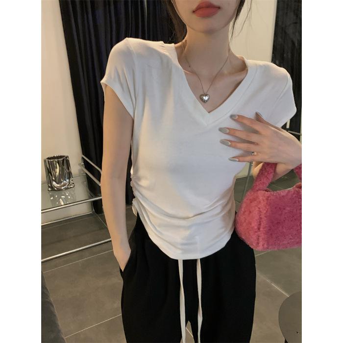 V-neck front shoulder short-sleeved T-shirt women's summer 2025 new slim-fitting and thin pleated solid color versatile short top