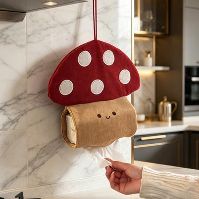 Tissue Box Soft Velvet Fabric Hanging Tissue Holder with Lanyard Wall-Mounted Tissue Case Cute Mushroom Shapes Organizer for Home