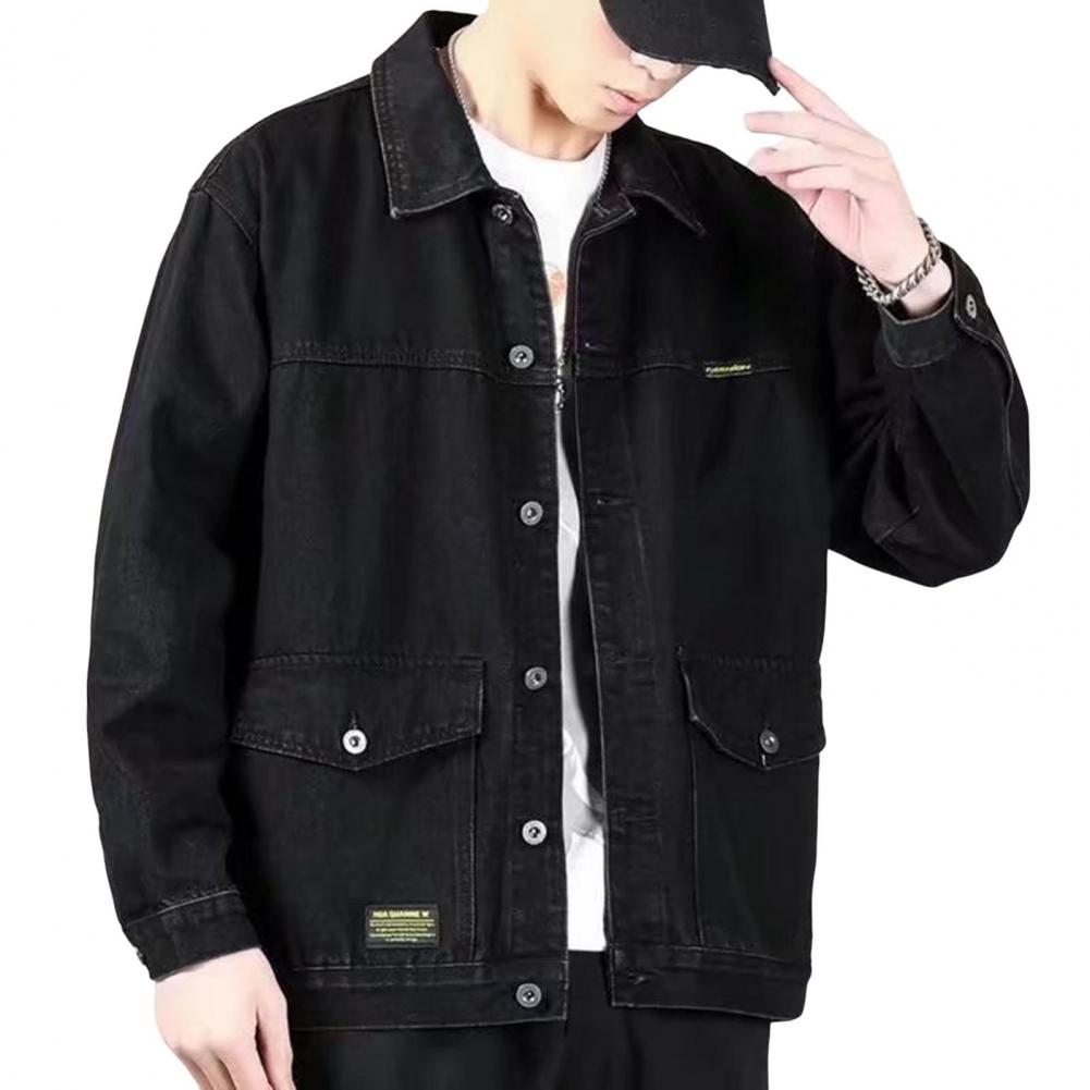 Versatile Denim Jacket Stylish Men's Denim Jacket with Lapel Collar Long Sleeves Large Pockets Fashionable Spring Autumn for Men