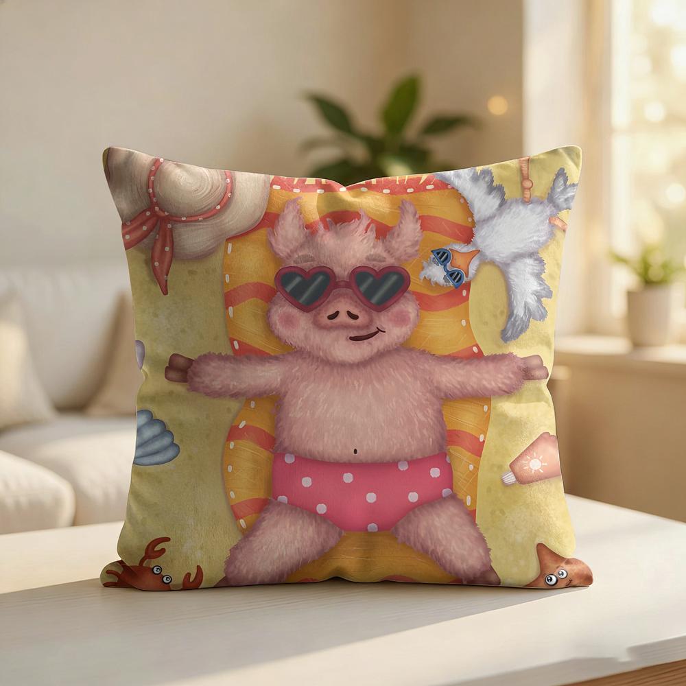 Cute Funny Pig Friends Gift Cushion Cover Silky Short Plush Invisible Zipper Dustproof Sofa Pillow Case For Home Decor