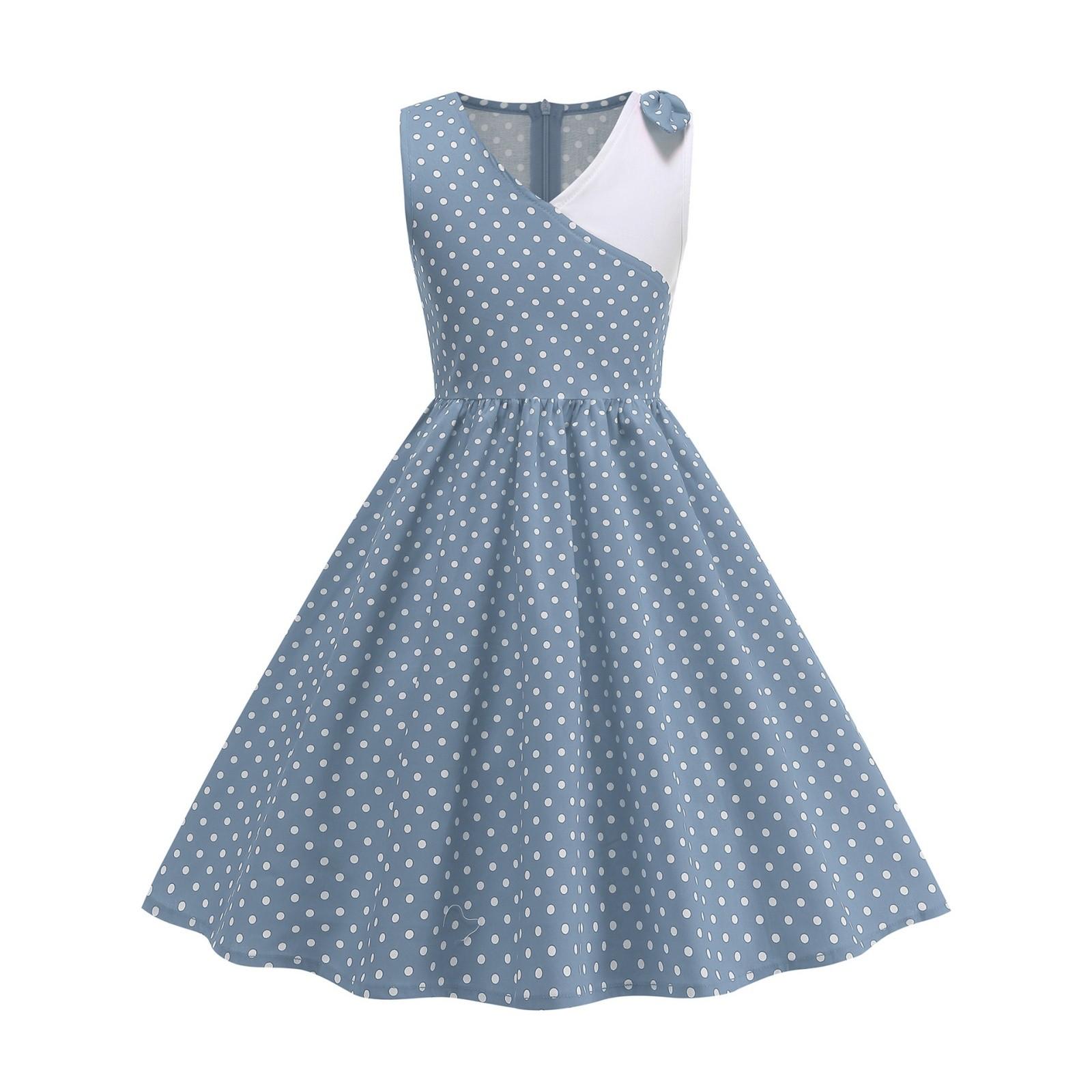 

Модное платье в горошек для девочки, приталенное по талии, с юбкой-бутоном и длинной юбкой M синий