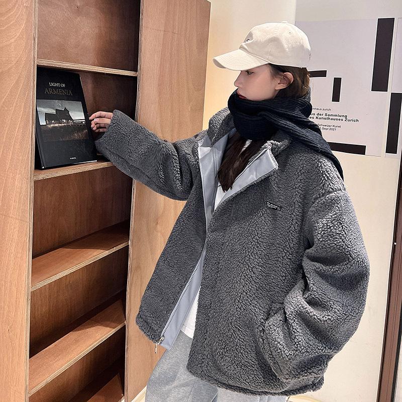 

Женская зимняя студенческая куртка из ПУ хлопка 2025 популярная высококачественная стеганая куртка стеганая куртка для пары ношение куртки из овечьей шерсти с обеих сторон XXL серебряный серый