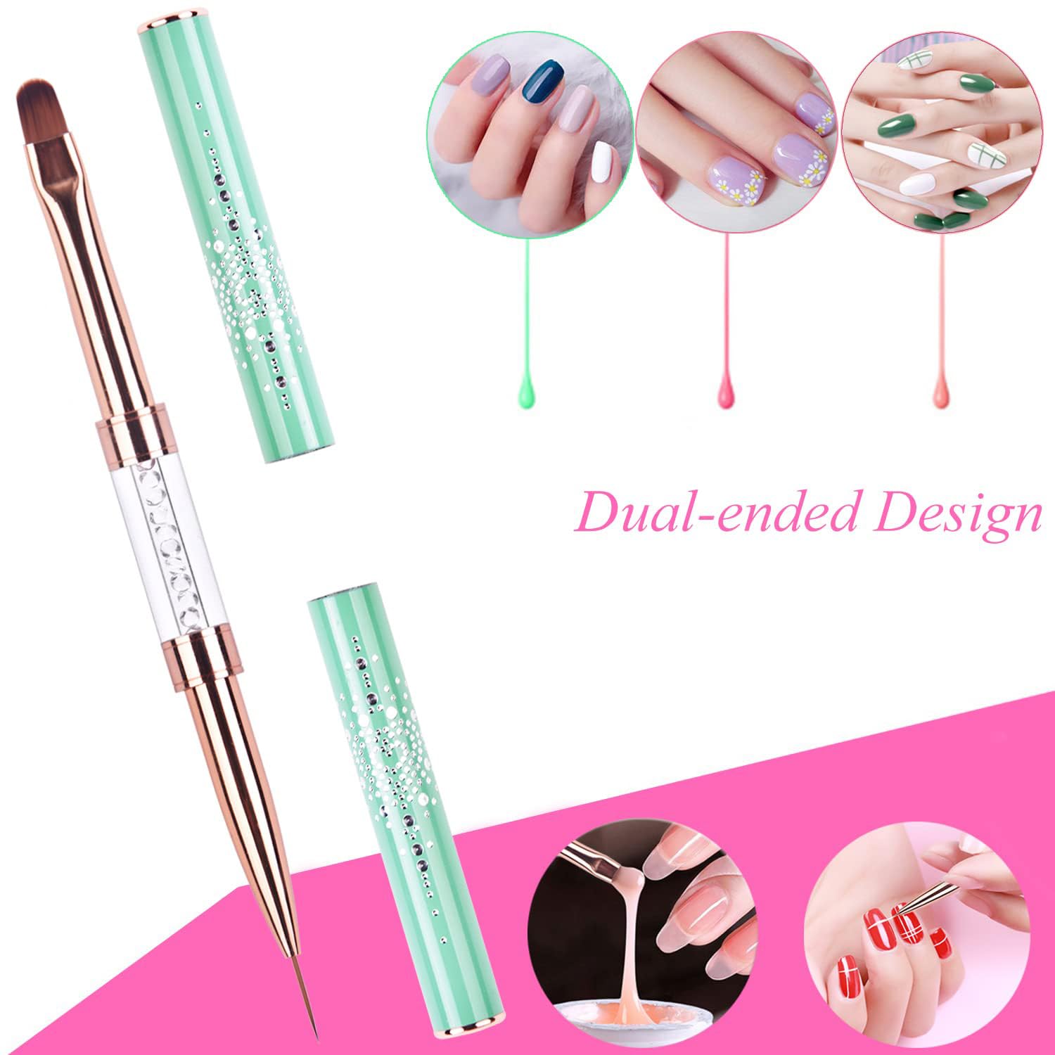 1Pcs Dual-ended UV Builder Gel Nail Brush Rhinestone Handle Nail Art Liner Brush Polygel Hard Gel Nail Brushes