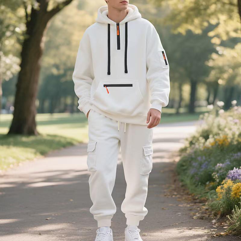 2025 Men's Autumn/Winter Fleece Zip-up Hoodie & Multi-pocket Cargo Pants Sports Set