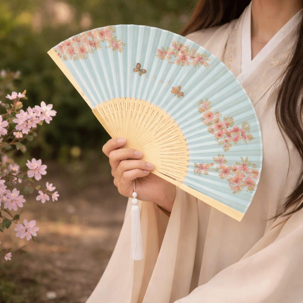 Decorative Bamboo Fan Flower Pattern Dance Fan Portable Cloth Hand Fan  Home Decoration