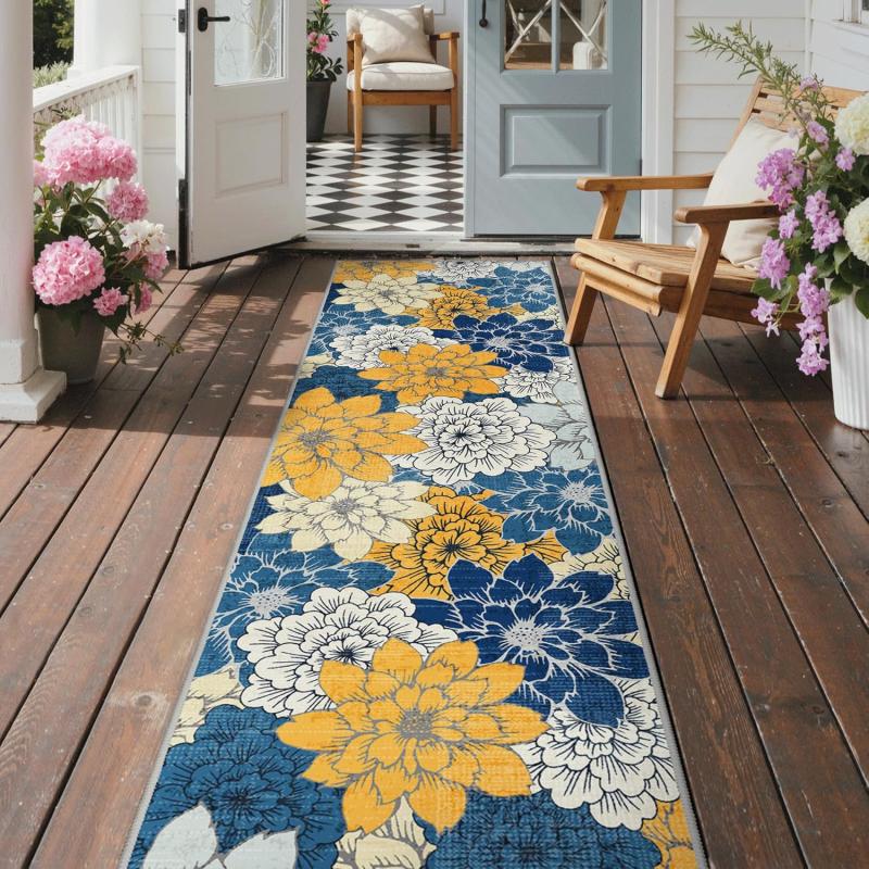 Blue Yellow Floral Outdoor Runner Rug