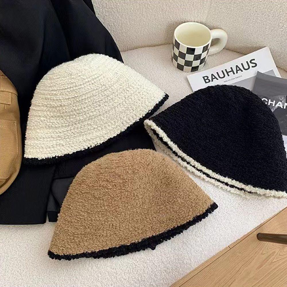 Winter Cute Contrast Lace Handmade Elastic Knitted Hat Thick Warm Bucket Cap Fisherman Hat