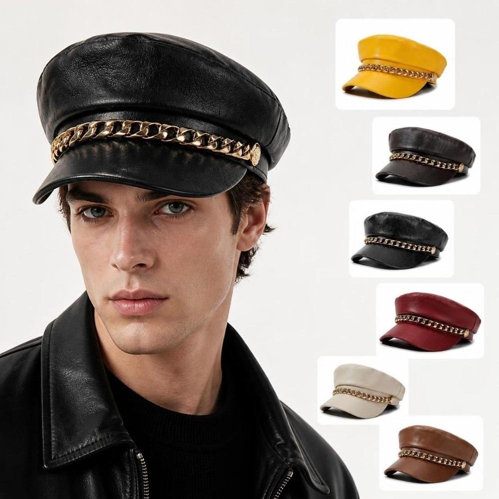 Solid Color Newsboy Cap PU Leather Beret Hat Vintage Baker Boy Cap  Outdoor Wear