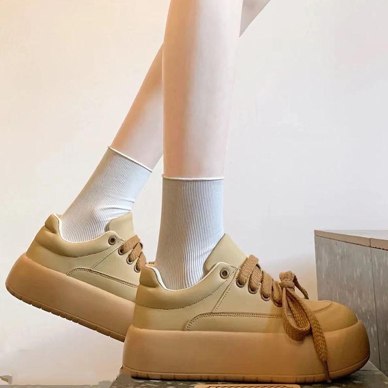 Spring and Autumn New Style Fashionable  Comfortable Leather Large-toe Bread Shoes Comfortable Casual Thick-soled Sneakers
