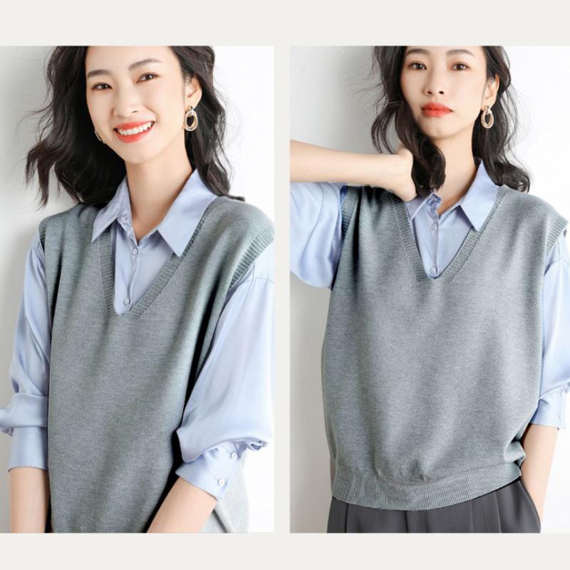 IHUASU Women's Autumn and Winter Loose V-neck Knitted Waistcoat Solid Colour Short Section Sleeve Head Sleeveless Outer Shoulders Vest