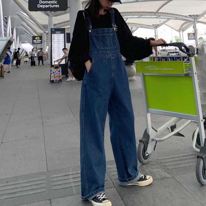 Women's High-Waisted Wide-Leg Denim Overalls - Korean Style, Age-Reducing, Loose Fit with Big Pockets for Spring and Autumn