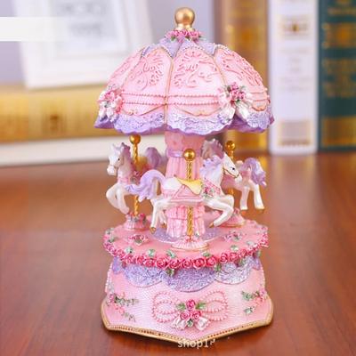 Carrossel de resina com luz LED piscante moderna, caixa de música, ornamento para crianças, artesanato, presentes de aniversário, casamento, acessórios de mesa para casa, decoração