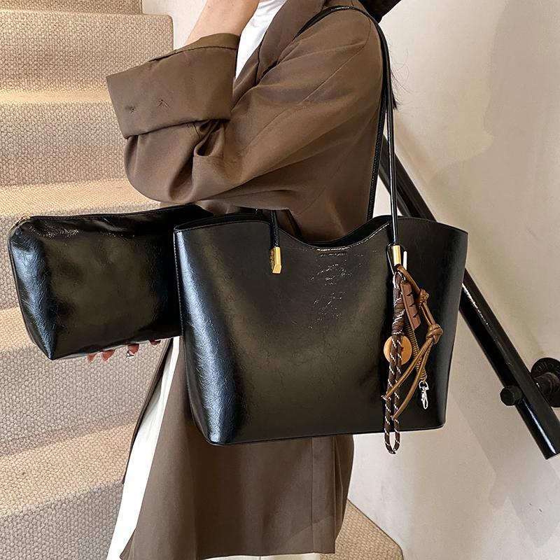 Bright PU Leather Big Tote Bag Set For Women 2-IN-1 Solid Color Shoulder Bags With Pendant Vintage Large Capacity Shopper Totes