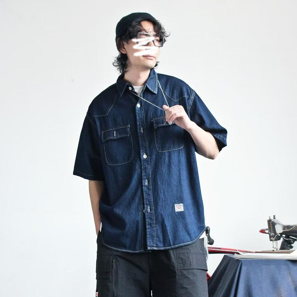 Japanische Retro-Modemarke, Sommer, lockeres Denim-Kurzarmhemd, künstlerisches Jugend-Arbeitshemd, mehrlagige Jacke für Herren und Damen