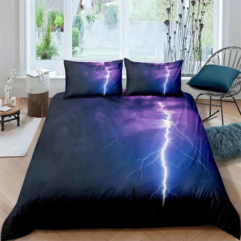 Lightning Duvet Cover Set Sea Wave Natural Disasters Sea Landscape Bedding Set Dark Clouds King Size Polyester Comforter Cover