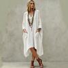 Women's Casual V-Neck Cotton Linen Three-Quarter Sleeve Asymmetric Dress for Everyday Wear