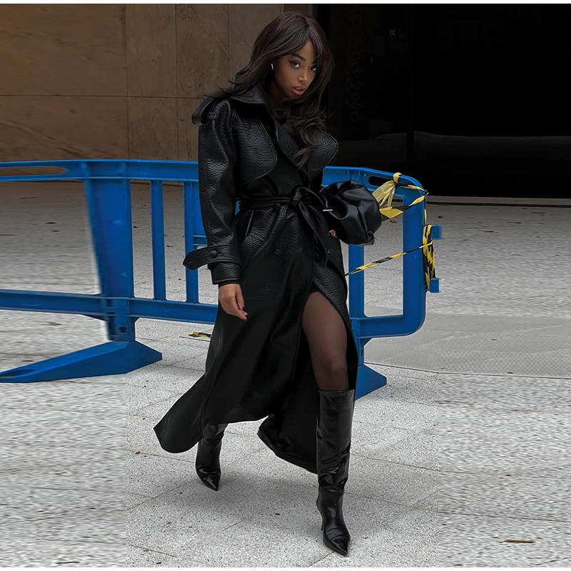 Street Vintage Long Leather Jacket Women Double Breasted Lapel Lace Up Full Sleeve Belt Jackets 2025 Spring Fashion Lady Outwear