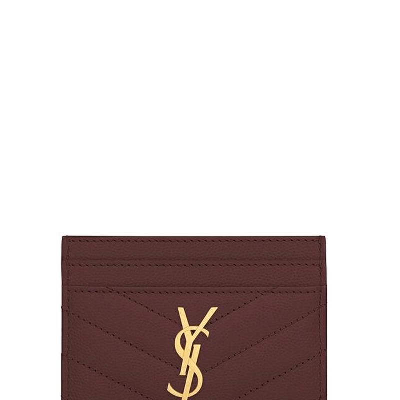 Saint Laurent Ysl Monogram Gold Logo Grainy Embossed Quilted Leather Card Holder Women card holder Dark-Red 423291-BOW01-6475
