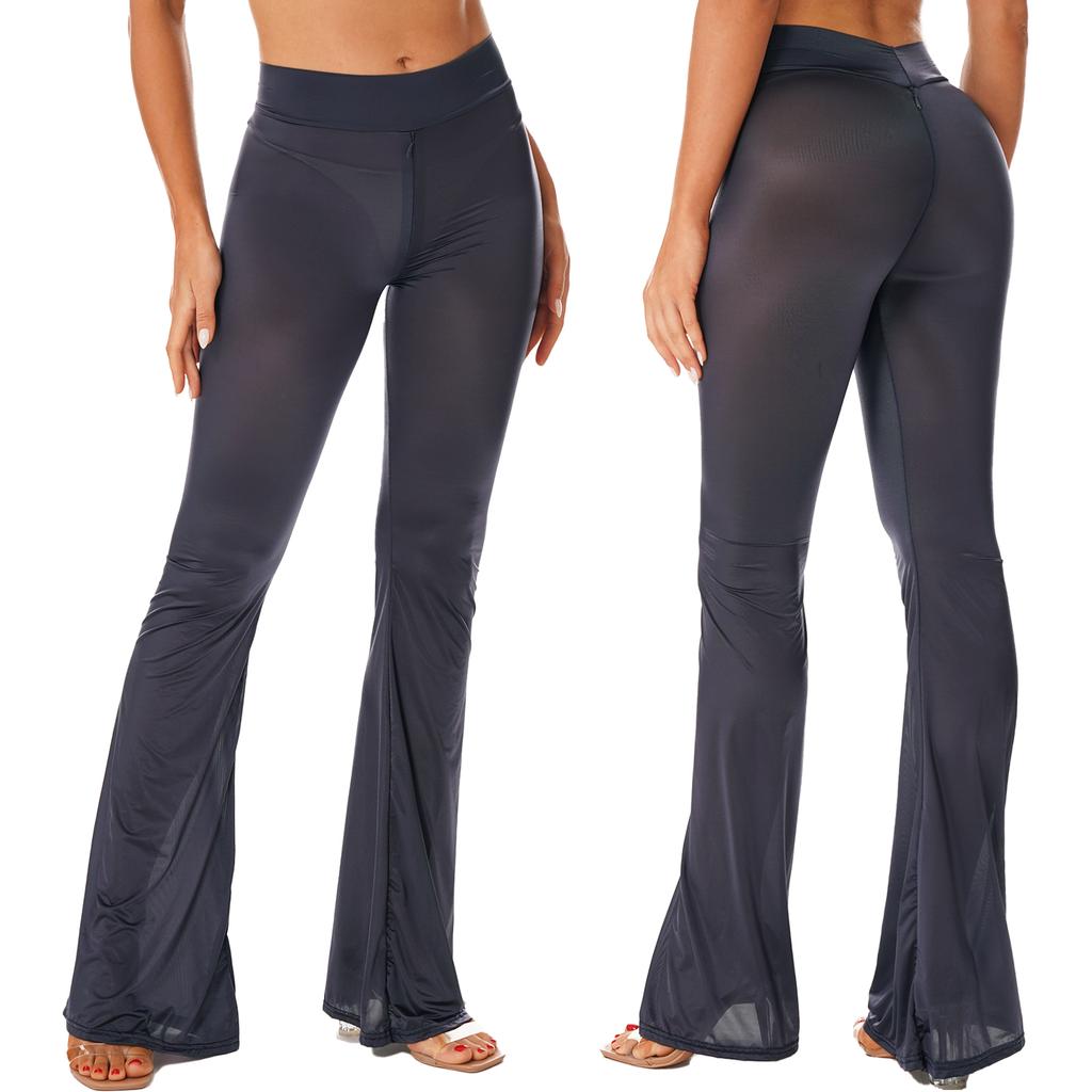 Calças Femininas Semitransparentes de Cintura Alta e Perna Larga Evasê, Calças Boca de Sino, Leggings para Treino, Yoga, Clube, Apresentação de Dança