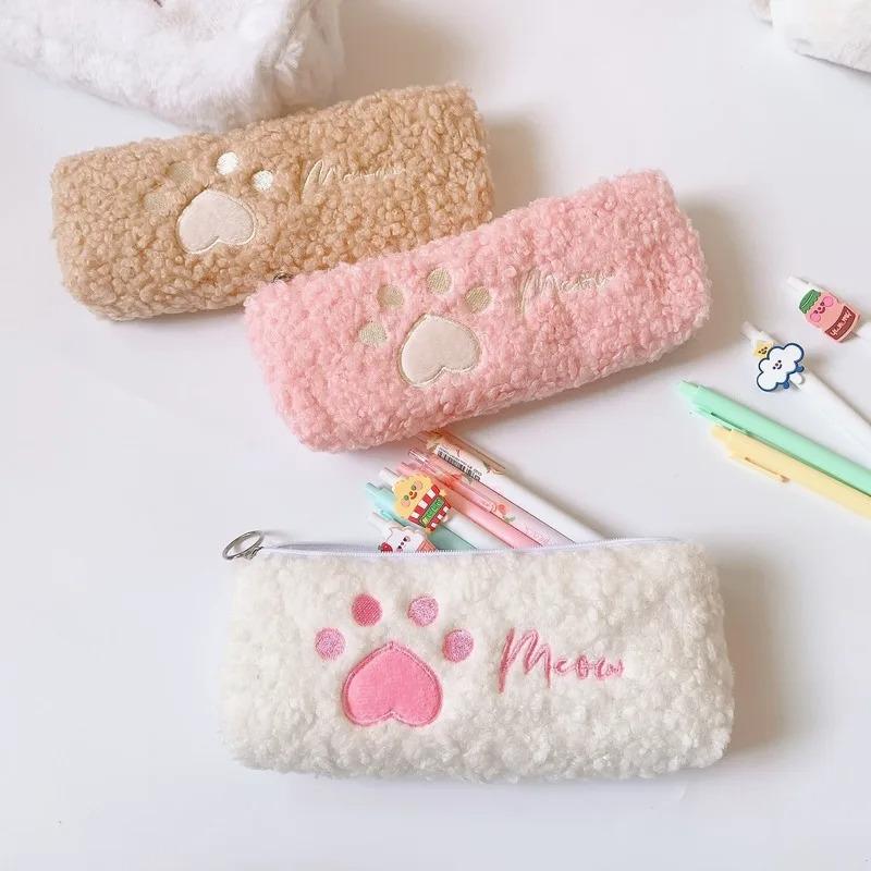 1PCS Hairy Cute Kawaii Cat Paw Plush Pencil Bag Case Girl Supplies Simple Student Stationery Pen Case Storage Bag Gifts for Kids