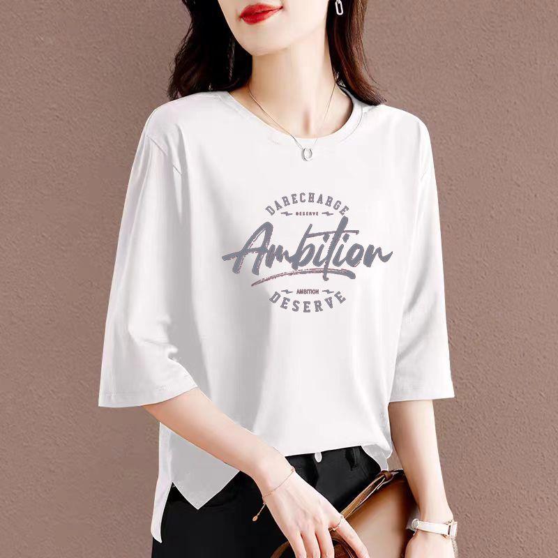 

Крой с этикеткой Чистый хлопок круглый вырез рукава 3/4 Весна и лето Чистый хлопок Чистый хлопок Западный стиль Универсальный топ Модный принт Футболка Тренд White [Am round letter]] L