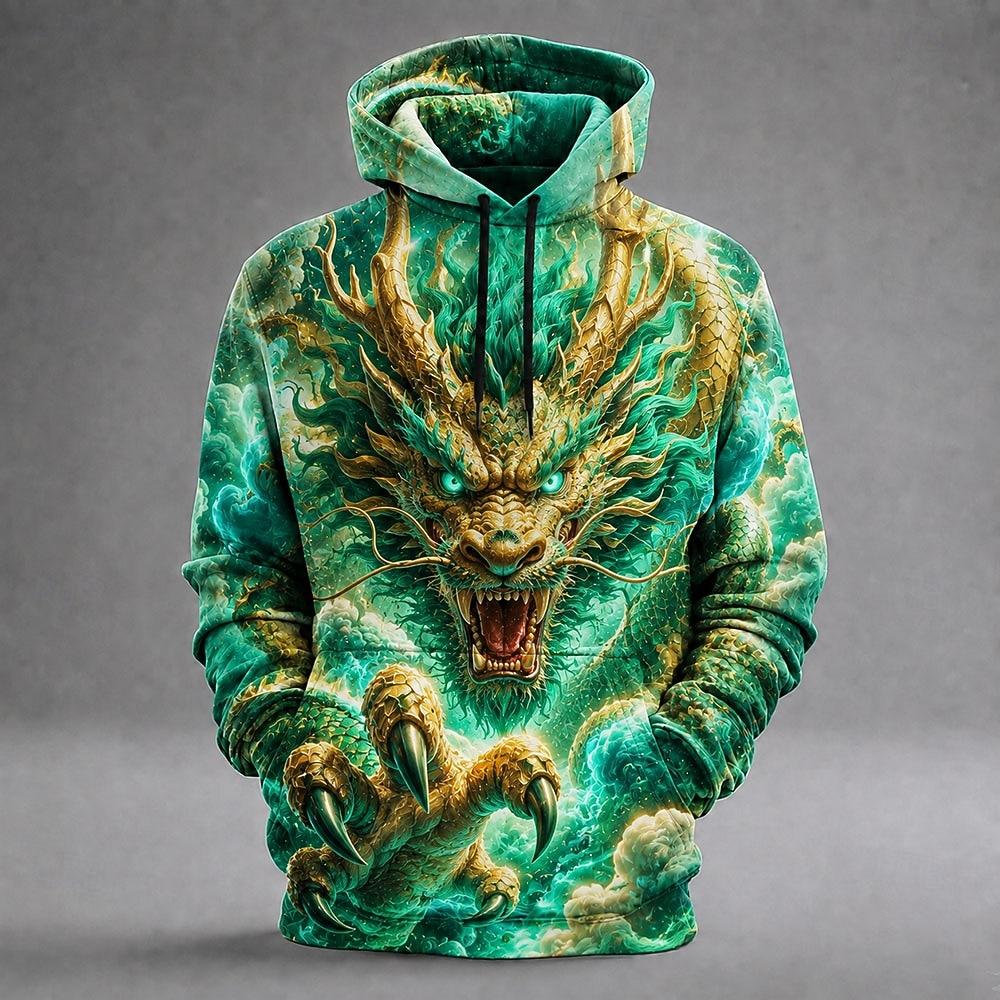 Men's Dragon 3D Printed Hoodie, Fantasy Animal Graphic, Lightning Print Sweatshirt, Long Sleeve Casual Streetwear Men Clothing