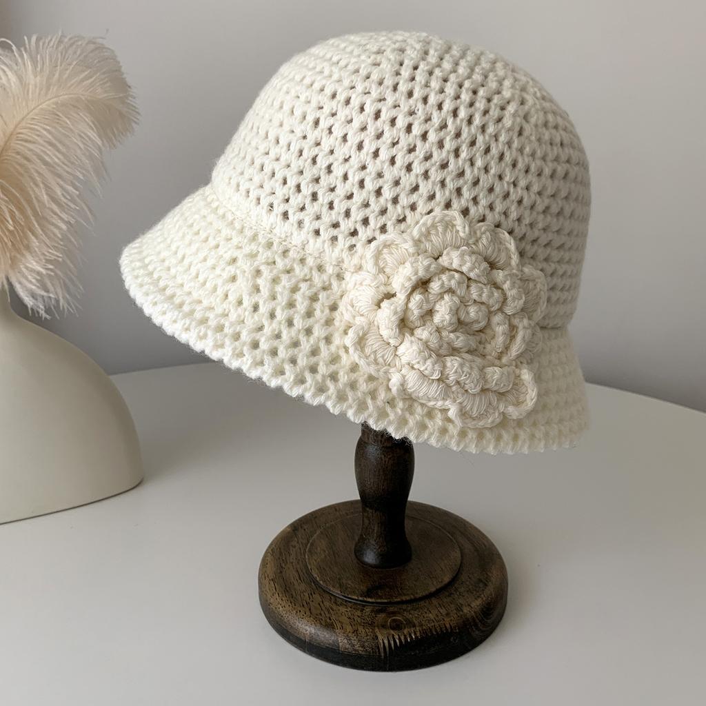 Korean Early Spring New 3D Flower Knitted Fisherman Hat Women Autumn Winter New Show Small Face Handmade Wool Bucket Hat
