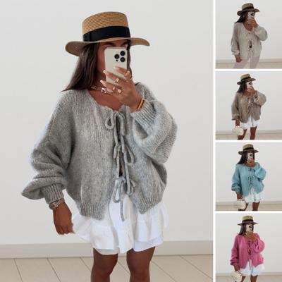 Women Sweater Coat Round Neck Long Sleeve Lace-up Knitting Coat Solid Color Loose