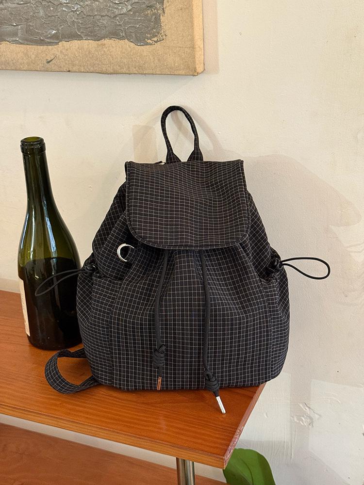 Korean Plaid Drawstring Backpack: Large-Capacity, Versatile, Lightweight Nylon School Bag