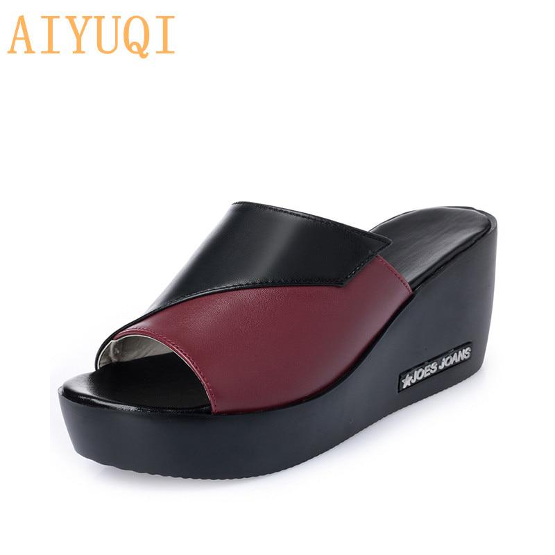 Woman Platform Flip Flops Summer Women Genuine Leather Slipper High Heel Shoes  Women Slipper