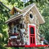 62KD Mini Cottage Hanging Bird House for Outside with Rope Similation Wooden Decorative Bird Feeder House for Hummingbirds