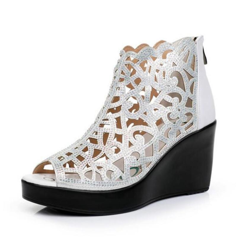 Fashion GKTINOO 2025 Summer New Open Toe Hollow Rhinestone Shoes Wedge Sandals High Heel Sandals Fashion Elegant Women Sandals