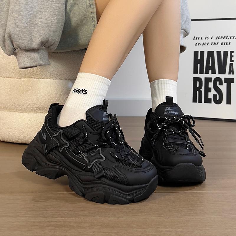 Women s Warrior Black Sneakers: Autumn Soft Sole, Height-Enhancing, Versatile Dad Shoes 40