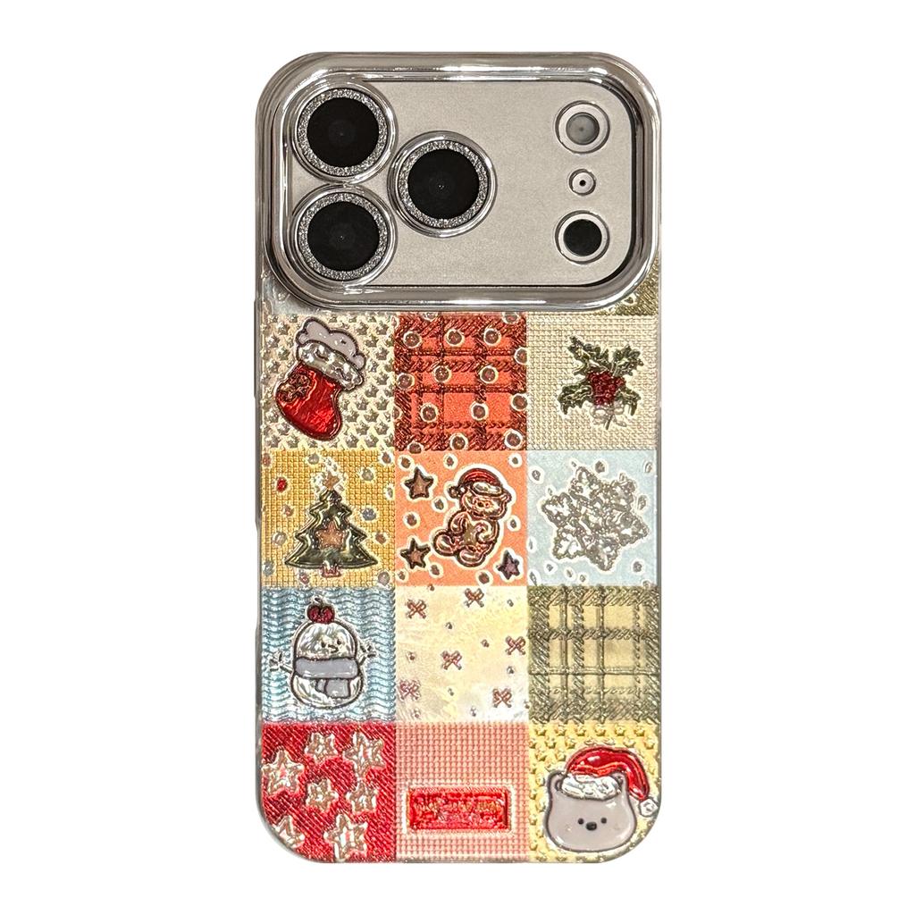 Suitable for Apple 17promax Mobile Phone Case 15 Cartoon Christmas Plaid for Iphone16 Glitter Embossed 13 Hanging Chain Hard