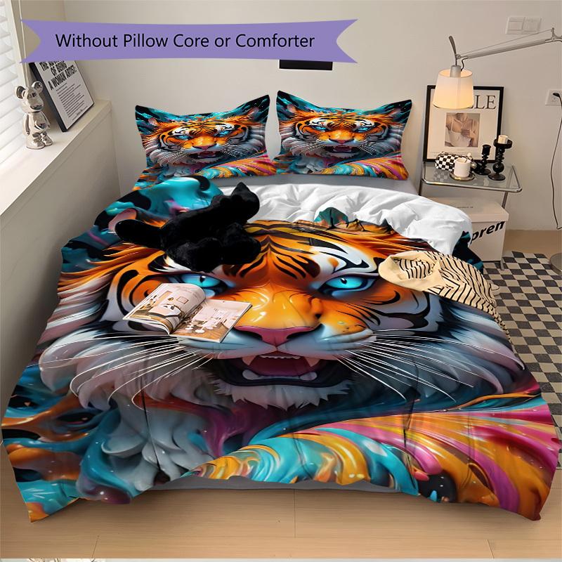 3pcs Tiger Print Duvet Cover Set -Includes 1 Duvet Cover and 2 Pillowcases, No Quilt Core, All-Season Home Decor yy251111174