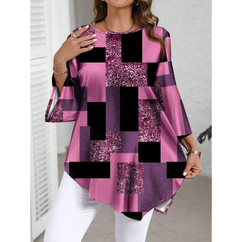 Plus size women s new fashion plaid printed shirts elegant casual tops S